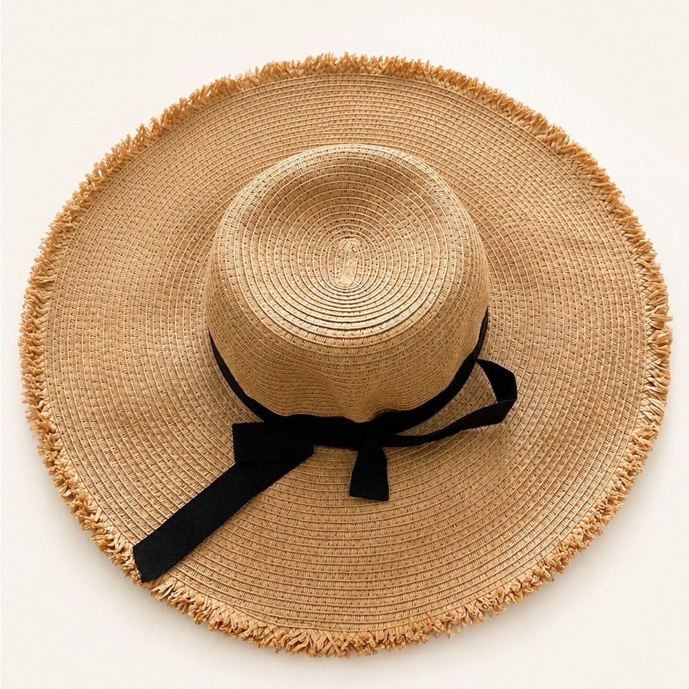 Lauren Conrad Wide Brim Straw Sun Hat Fringe Edge Black Ribbon Bow One Size